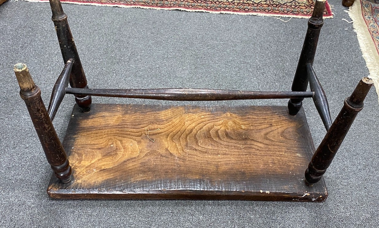 A Thames Valley oak and beech stool, The seat stamped Holland & Sons, width 77cm